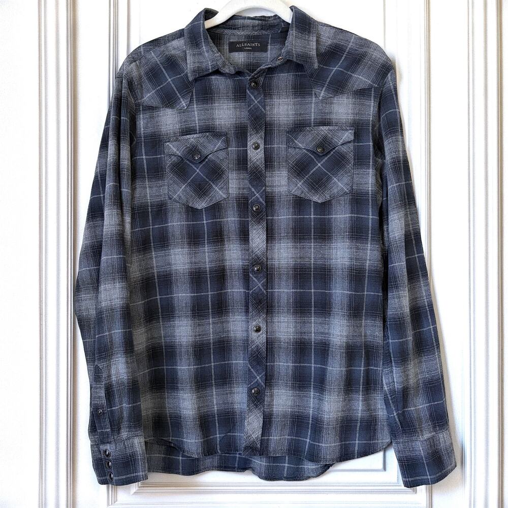 AllSaints Plaid Western Snap Button Shirt Gray Blue Women's Relaxed Fit Large